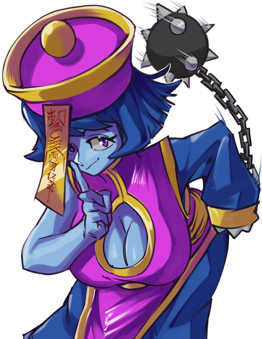 absurdres ball_and_chain_(weapon) bent_over blue_hair blue_skin breasts chinese_clothes cleavage colored_skin darkstalkers female hand_on_own_hip highres index_finger_raised jiangshi lei-lei looking_at_viewer moxydraws purple_eyes short_hair spiked_ball_and_chain talisman