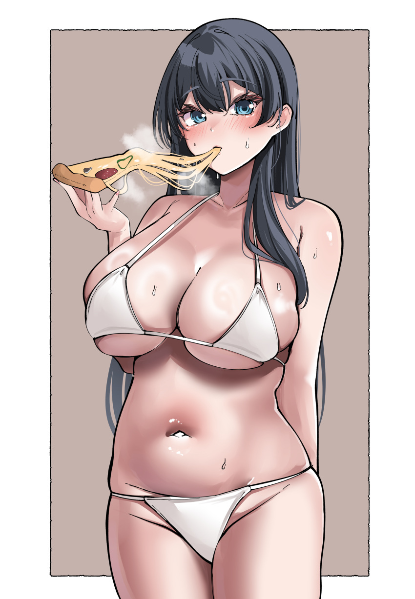 absurdres agano_(kancolle) black_hair blue_eyes bra breasts cheese_trail cowboy_shot eating female food hair_between_eyes highres holding holding_food holding_pizza kantai_collection large_breasts long_hair looking_at_viewer navel panties pizza pizza_slice plump solo standing sweat tf_cafe underwear underwear_only very_long_hair white_bra white_panties