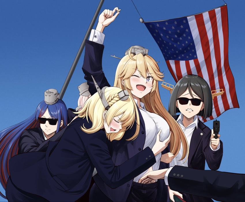 2024_attempted_assassination_of_donald_trump 2024_us_election 4girls alternate_costume american_flag arm_up black_hair blonde_hair blue_eyes blue_hair blue_sky blush braid breasts closed_eyes collared_shirt colorado_(kancolle) garrison_cap grabbing_another's_breast groping gun hairband handgun hat headgear highres ichikawa_feesu iowa_(pacific) kantai_collection kirishima_(kancolle) kirishima_kai_ni_(kancolle) large_breasts long_hair long_sleeves meme multicolored_hair multiple_girls one_eye_closed open_mouth red_hair saliva shirt short_hair sky smile south_dakota_(kancolle) star_(symbol) sunglasses weapon white_hair white_shirt