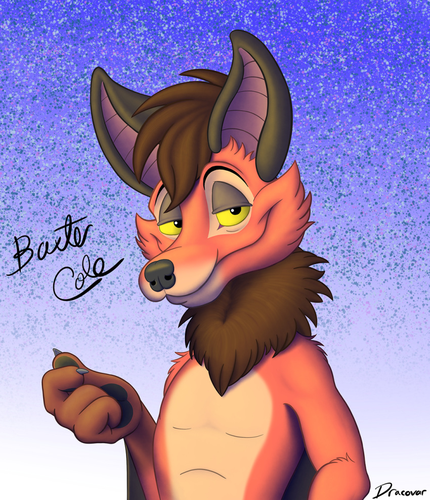 2018 anthro bat baxter_cole bedroom_eyes big_ears brown_hair character_name cheek_tuft claws cursive dracovar_valeford facial_tuft front_view fur gloves_(marking) gradient_background grey_claws grey_nose hair half-length_portrait hi_res icon looking_at_viewer male male_anthro mammal markings megabat membrane_(anatomy) membranous_wings narrowed_eyes neck_tuft nude orange_body orange_fur portrait raised_hand seductive short_hair simple_background smile smirk snout solo speckled standing text tuft winged_arms wings yellow_sclera