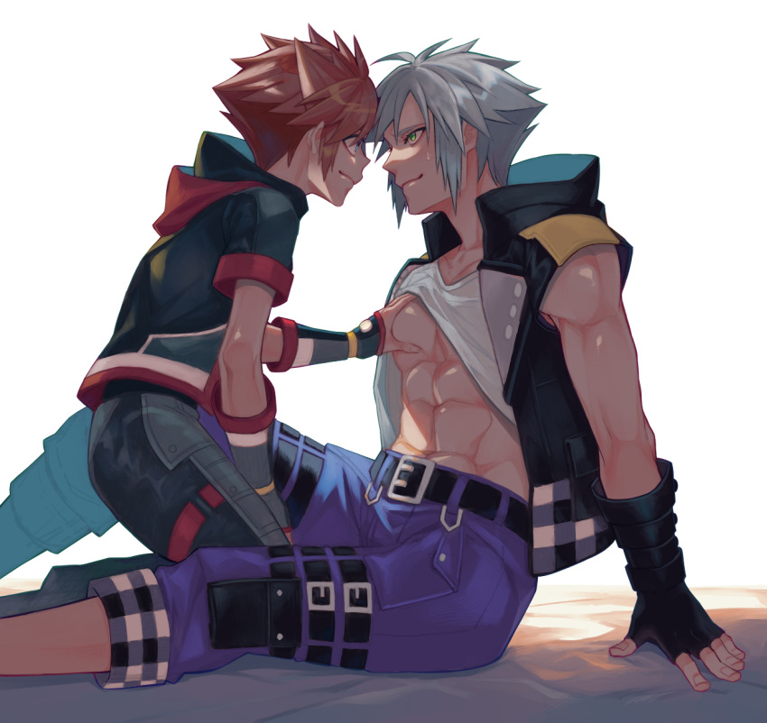 2boys aqua_eyes arm_support arm_up belt belt_buckle black_belt black_gloves black_jacket blue_eyes blue_pants brown_hair buckle clothes_lift collarbone commentary_request couple eye_contact feet_out_of_frame fingerless_gloves gloves grey_hair highres hood hood_down hooded_jacket jacket kingdom_hearts kingdom_hearts_iii knee_up kneeling looking_at_another male_focus matsu_zatsu multicolored_clothes multiple_belts multiple_boys muscular muscular_male pants pectoral_grab pectorals plaid_clothes popped_collar riku_(kingdom_hearts) shirt shirt_lift short_hair sitting sleeveless sleeveless_jacket sora_(kingdom_hearts) spiked_hair sweat sweatdrop thigh_belt thigh_strap white_shirt yaoi