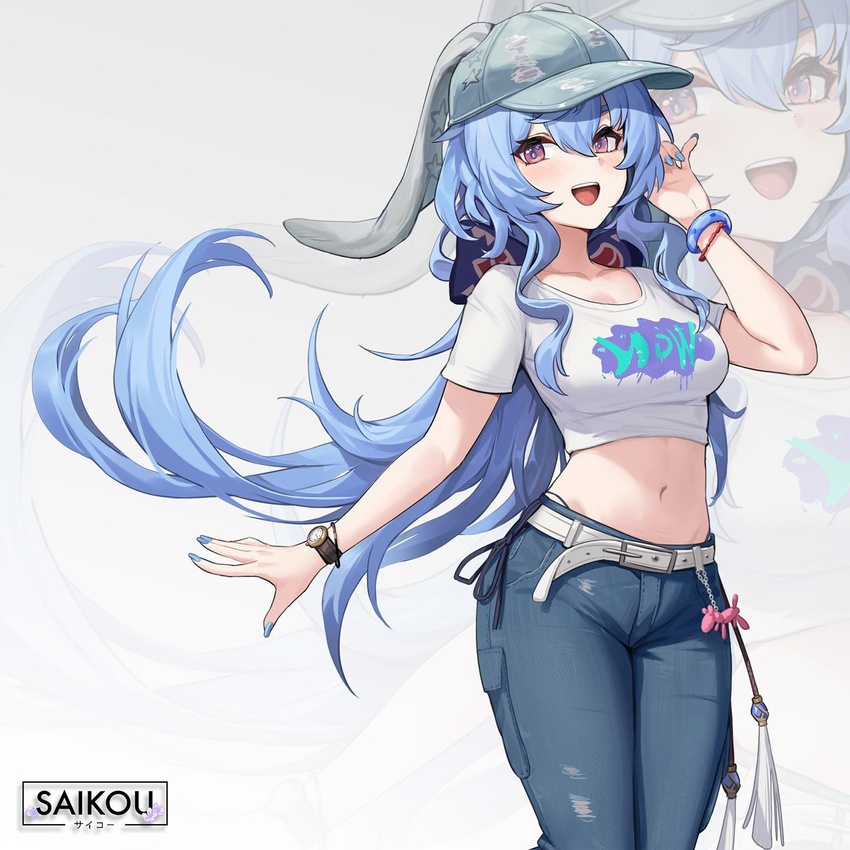 alternate_costume animal_ears baseball_cap belt blue_hair blue_nails blue_pants bow bracelet breasts cbmus clothes_writing commentary cosplay crop_top cropped_shirt denim ears_through_headwear fake_animal_ears female floating_hair ganyu_(genshin_impact) genshin_impact grey_hat hairbow hand_up hanni_(newjeans) hanni_(newjeans)_(cosplay) hat highres jewelry k-pop long_hair looking_at_viewer medium_breasts midriff nail_polish navel newjeans omg_(newjeans) open_mouth pants panty_straps pink_eyes rabbit_ears second-party_source shirt short_sleeves smile solo standing stomach torn_clothes torn_pants very_long_hair watch wavy_hair white_background white_shirt wristwatch zoom_layer