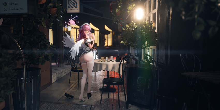 3d_background absurdres ass bare_shoulders blue_archive blush cafe chair clothes_lift commentary_request doodle_sensei_(blue_archive) feathered_wings female flower food hair_flower hair_ornament halo highres lamp long_hair looking_back maid_headdress mika_(blue_archive) night outdoors pantyhose parted_lips partial_commentary pink_hair rodriguez_(kamwing) sensei_(blue_archive) shoes single_shoe skirt skirt_lift solo table unworn_shoes walking white_pantyhose white_wings wide_shot wings yellow_eyes