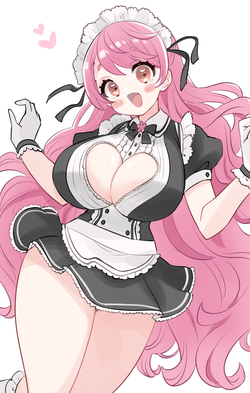 aizono_manami aizono_manami_(1st_costume) apron black_bow black_bowtie black_dress black_ribbon blush blush_stickers bow bowtie breasts center_frills cleavage cleavage_cutout clothing_cutout dot_nose dress female flower_collar frills gloves hands_up heart heart_cutout heart_in_eye highres huge_breasts long_hair looking_at_viewer maid maid_headdress nijisanji open_mouth pink_eyes pink_hair puffy_short_sleeves puffy_sleeves ribbon short_eyebrows short_sleeves simple_background smile solo sukoyaka_(100hituzi) symbol_in_eye thighs virtual_youtuber waist_apron white_apron white_background white_gloves white_headdress