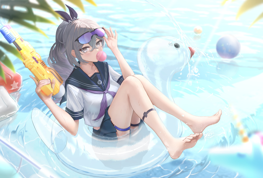 absurdres alternate_costume barefoot black_skirt breasts chewing_gum drill_hair eyewear_on_head feet female full_body grey_eyes grey_hair hair_between_eyes highres holding holding_water_gun honkai:_star_rail honkai_(series) inflatable_flamingo knees_together_feet_apart knees_up legs long_hair looking_at_viewer md5_mismatch medium_breasts pleated_skirt pool school_uniform silver_wolf_(honkai:_star_rail) skirt soles solo thigh_strap thighs toes uniform wangzili_shitoumen water_gun