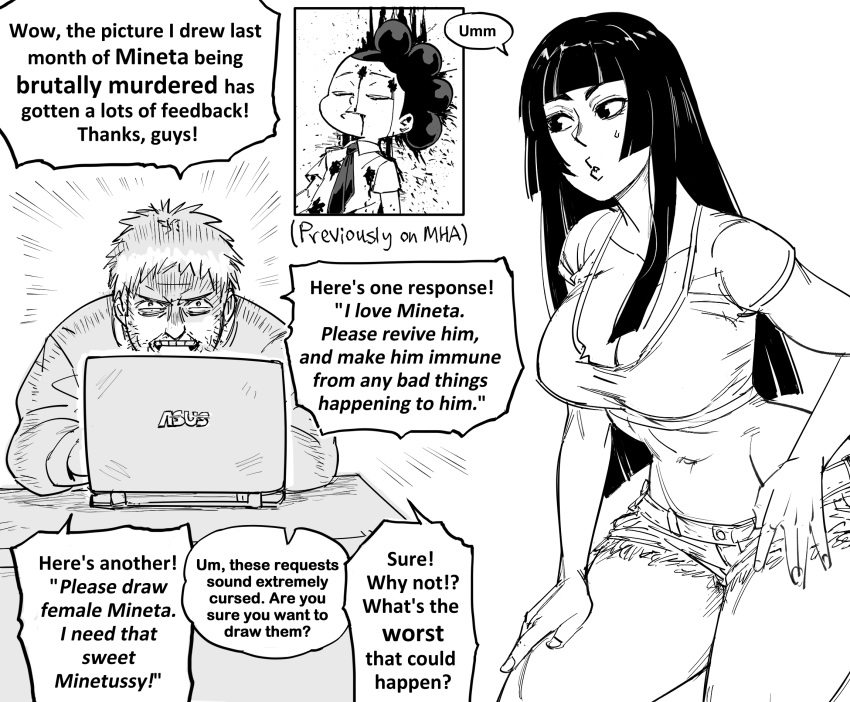 2boys artist_self-insert asus bb_(baalbuddy) blood blood_splatter boku_no_hero_academia breasts cleavage commentary computer crop_top cropped_shirt cutoffs death english_commentary english_text facial_hair female headshot highres hime_cut hime_cut_wife_(baalbuddy) laptop large_breasts long_hair low_neckline midriff mineta_minoru multiple_boys navel original short_shorts shorts speech_bubble straight_hair stubble