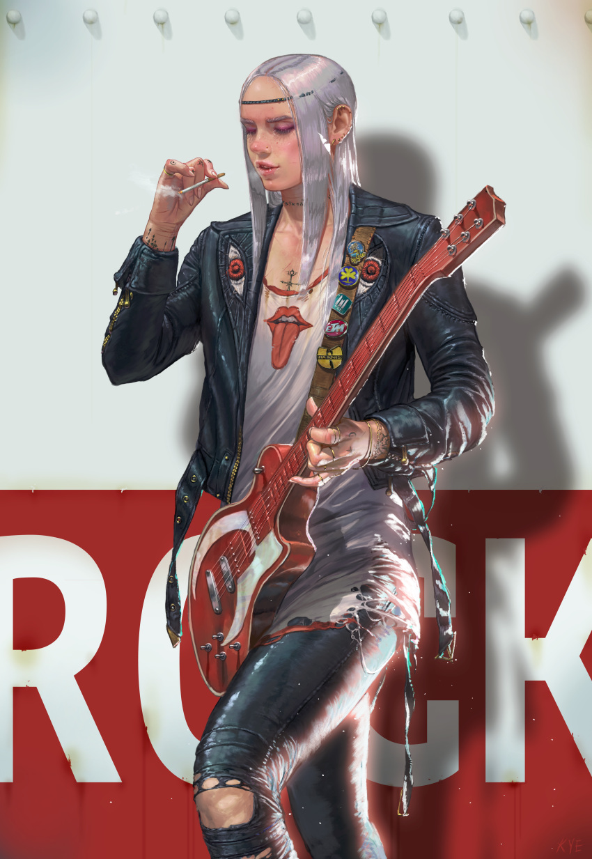 1other absurdres androgynous arm_tattoo black_jacket black_pants chest_tattoo cigarette closed_eyes commentary ear_piercing electric_guitar english_commentary eyeshadow gold_bracelet guitar hand_tattoo hand_up highres holding holding_cigarette holding_guitar holding_instrument instrument jacket jewelry kyu_yong_eom lips long_hair long_sleeves makeup multiple_rings neck_tattoo nose_piercing open_clothes open_jacket original other_focus pants parted_lips piercing pink_eyeshadow ring shadow shirt sleeve_cuffs smoke solo tattoo teeth torn_clothes torn_pants torn_shirt white_shirt