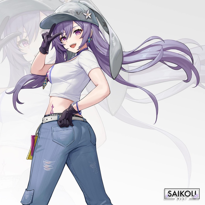 alternate_costume animal_ears ass baseball_cap belt black_gloves blue_pants breasts cbmus choker commentary cosplay crop_top cropped_shirt denim earrings fake_animal_ears female floating_hair genshin_impact gloves grey_hat hand_on_own_hip hand_up hanni_(newjeans) hanni_(newjeans)_(cosplay) hat highres jewelry k-pop keqing_(genshin_impact) long_hair looking_at_viewer looking_back medium_breasts midriff necklace newjeans omg_(newjeans) open_mouth pants pink_eyes purple_choker purple_hair rabbit_ears second-party_source shirt short_sleeves smile solo standing tattoo torn_clothes torn_pants twisted_torso v very_long_hair white_background white_shirt zoom_layer