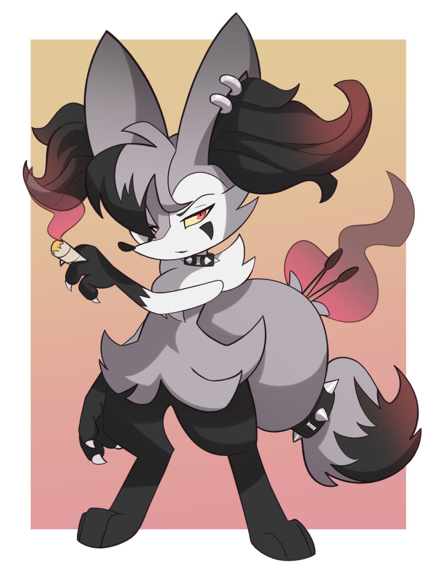 anthro black_body black_fur black_legs black_paws braixen cheek_markings chest_tuft choker cigarette collar colored_sclera drugs drumstick_(musical) ear_piercing ear_ring facial_markings fire fur fusion generation_3_pokemon generation_6_pokemon grey_body grey_fur head_markings hi_res highlights_(coloring) hybrid inner_ear_fluff jewelry letterbox looking_at_viewer male marijuana marijuana_blunt markings mightyena myxen necklace nintendo piercing pokemon pokemon_(species) pokemon_fusion red_eyes ring_piercing solo tabbzart tail_choker tuft white_body white_fur yellow_sclera