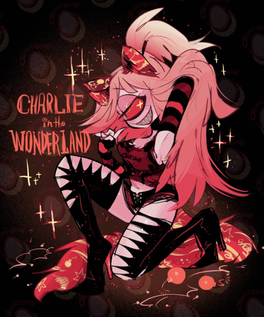 alice_in_wonderland alternate_costume animal_ears arm_behind_head arm_warmers bare_shoulders black_footwear black_shorts bomb boots cat_ears cat_tail character_name cherri_bomb cheshire_cat_(alice_in_wonderland) cheshire_cat_(alice_in_wonderland)_(cosplay) commentary cosplay cyclops english_text explosive eyeshadow female freckles full_body gradient_hair grin half_updo hanamaru_(immie_s2) hazbin_hotel high_heel_boots high_heels highres long_hair long_tail looking_at_viewer makeup midriff monster_girl multicolored_hair navel on_one_knee one-eyed pink_eyeshadow pink_hair red_eyes red_tank_top red_theme sharp_teeth short_shorts shorts simple_background smile solid_eye solo sparkle striped_arm_warmers symbol-shaped_pupils tail tank_top teeth thigh_boots very_long_hair x-shaped_pupils yellow_pupils