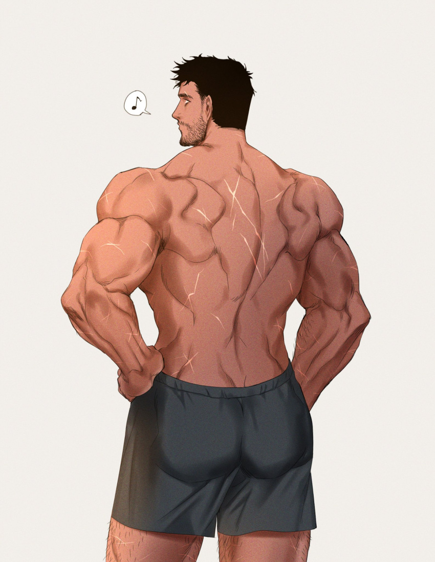 1boy arm_hair ass back bara beard biceps black_hair character_request dobek_k facial_hair grey_background hand_on_own_hip highres leg_hair male_focus manly mature_male muscular muscular_male scp_foundation short_hair shorts simple_background solo spiked_hair thick_arms thick_eyebrows whistling