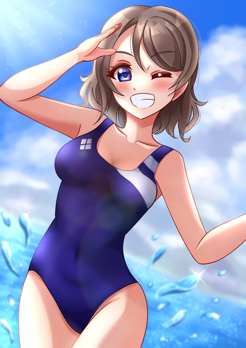 blue_eyes breasts brown_hair cloud competition_swimsuit female highres looking_at_viewer love_live! love_live!_sunshine!! one-piece_swimsuit one_eye_closed salute short_hair smile solo swimsuit thighs tsubasa091748 watanabe_you water wavy_hair