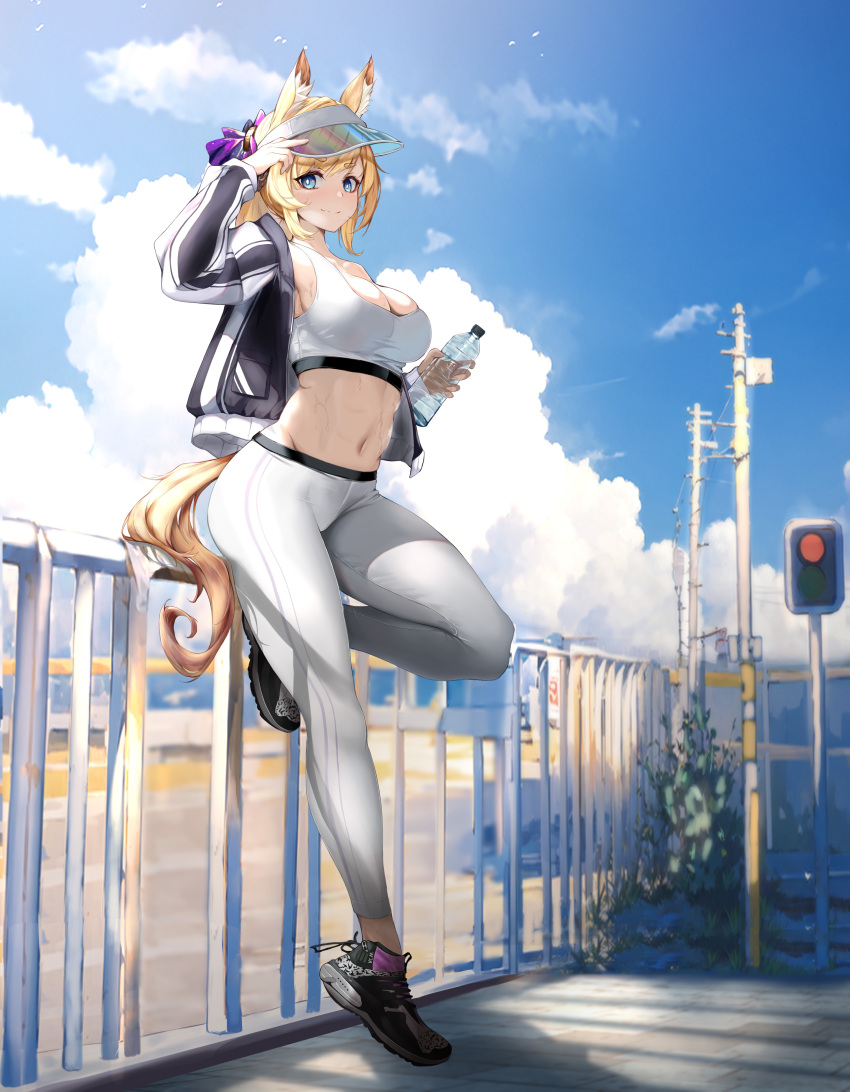 absurdres against_railing animal_ear_fluff animal_ears arknights arm_up azur_lane black_footwear blonde_hair blue_eyes blue_sky bottle breasts bright_pupils chinese_commentary cleavage closed_mouth cloud cloudy_sky cosplay day female full_body hand_on_headwear hand_up highres holding holding_bottle horse_ears horse_girl horse_tail jacket kersaint_(azur_lane) kersaint_(azur_lane)_(cosplay) kersaint_(reverent_runner)_(azur_lane) large_breasts leggings legs long_sleeves looking_at_viewer navel open_clothes open_jacket outdoors pants plastic_bottle ponytail power_lines qingshuisi_yu_ji railing shoes short_eyebrows sitting_on_fence sky smile sneakers solo sports_bra sportswear standing standing_on_one_leg stomach sweat tail taut_clothes thick_eyebrows tight_clothes tight_pants track_jacket traffic_light utility_pole visor_cap water_bottle whislash_(arknights) white_pants white_pupils white_sports_bra yoga_pants