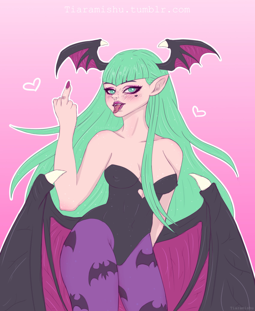 bat_print darkstalkers fangs female female_only green_eyes head_wings heart_cutout leotard long_hair looking_at_viewer morrigan_aensland pantyhose purple_pantyhose solo succubus succubus_wings suit thick_thighs tongue vampire_savior wide_hips wings