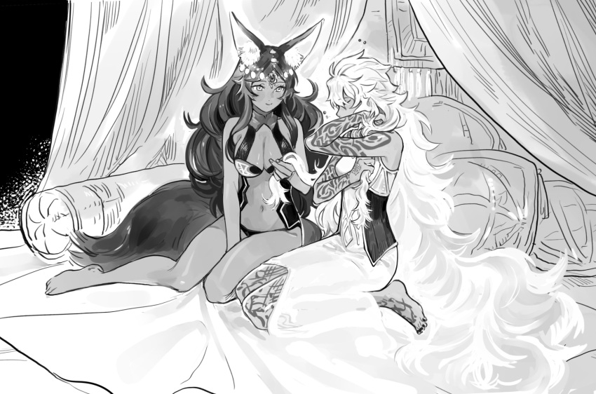 2girls absurdly_long_hair animal_ear_fluff animal_ears arm_tattoo bare_legs bed between_legs breasts closed_eyes closed_mouth curly_hair dark-skinned_female dark_skin dress fate/grand_order fate_(series) genderswap_(mtf) greyscale hand_between_legs hand_in_another's_hair hand_in_own_hair hand_tattoo hands_in_hair highres holding_another's_hair jackal_ears jackal_girl jackal_tail large_breasts leg_tattoo long_hair looking_at_another monochrome multiple_girls nail_polish on_bed parted_bangs pen_(user_hjhs5877) pillow queen_of_sheba_(fate) rule_63 sidelocks sitting sleepy sleeveless sleeveless_dress smile solomon_(fate) squeans tail tattoo toenail_polish toenails very_long_hair yokozuwari yuri