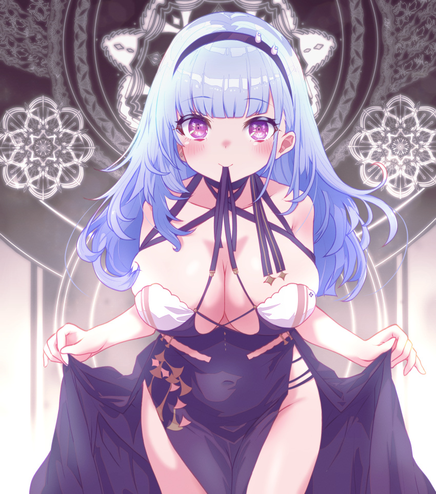 arbiter1 azur_lane bare_shoulders bent_over black_hairband blue_dress blue_hair blush breasts cleavage clothes_lift covered_navel dido_(azur_lane) dress dress_lift female hairband highres indoors large_breasts long_hair looking_at_viewer mouth_hold purple_eyes side_slit smile solo