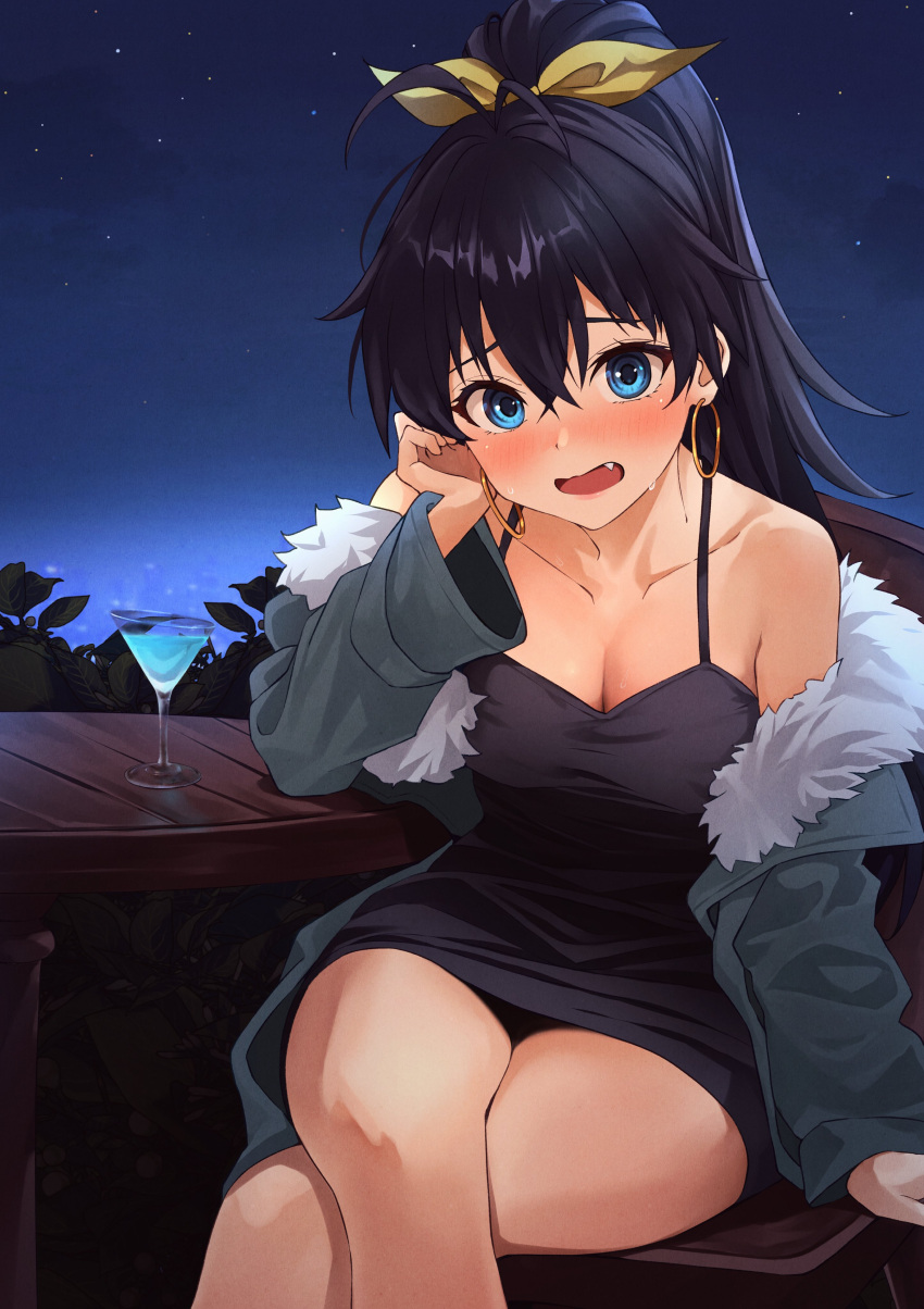 absurdres antenna_hair b1ack_illust black_dress black_hair blue_eyes blush breasts cleavage cocktail cocktail_glass collarbone commentary_request crossed_legs cup dot_nose double-parted_bangs dress drinking_glass earrings eyelashes female full-face_blush fur-trimmed_jacket fur_trim ganaha_hibiki grey_jacket hair_ribbon hand_on_own_cheek hand_on_own_face highres hoop_earrings idolmaster idolmaster_(classic) idolmaster_million_live! idolmaster_million_live!_theater_days jacket jewelry large_breasts leaf long_hair looking_at_viewer night night_sky oerba_yun_fang off_shoulder on_chair open_clothes open_jacket open_mouth outdoors ponytail ribbon sitting sky skyline solo spaghetti_strap star_(sky) sweatdrop table tan very_long_hair wavy_mouth yellow_ribbon