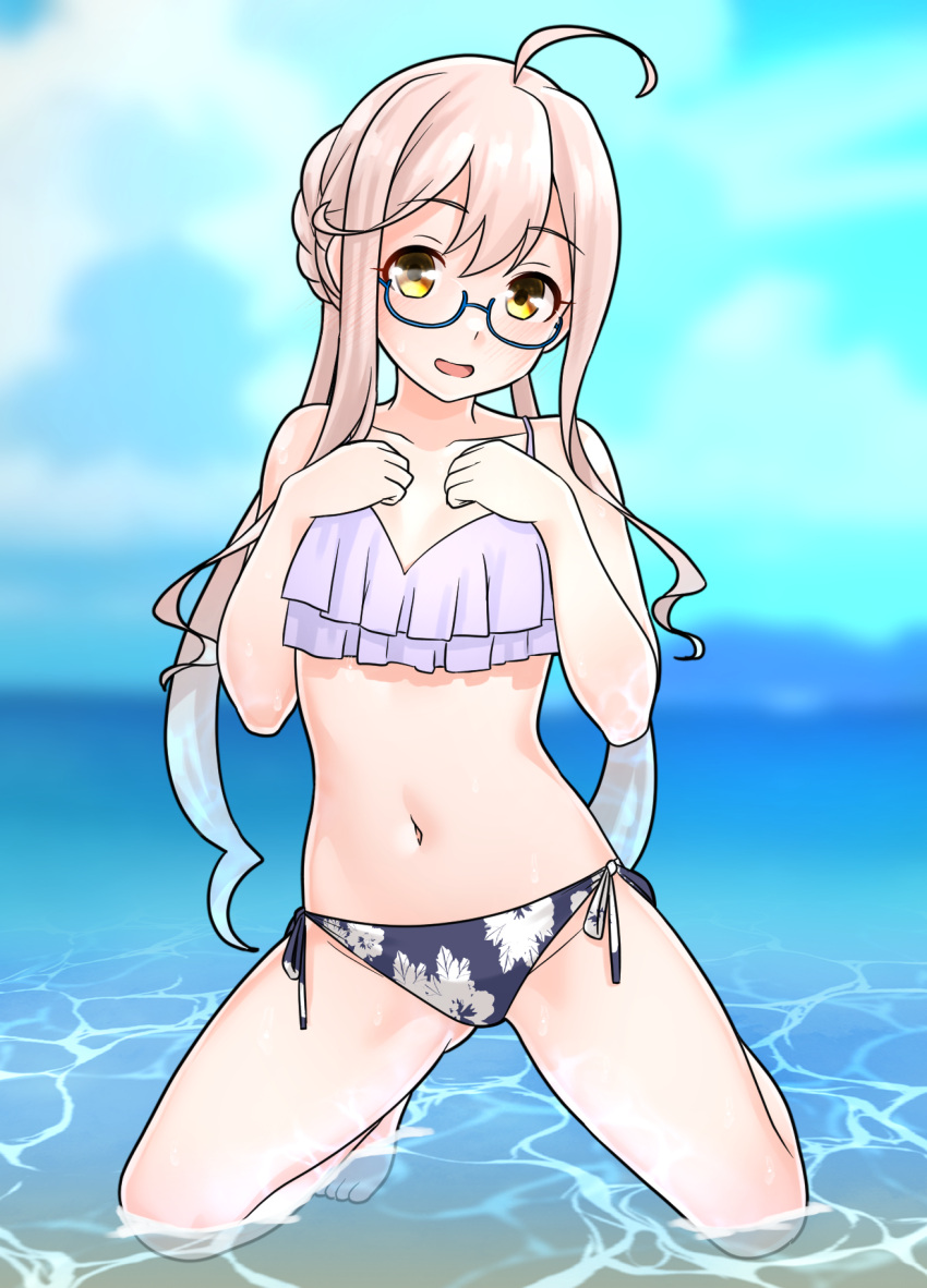 ahoge aqua-framed_eyewear bikini braid breasts crown_braid female floral_print frilled_bikini frills furaggu_(frag_0416) glasses highres kantai_collection long_hair looking_at_viewer makigumo_(kancolle) makigumo_kai_ni_(kancolle) makigumo_kai_ni_(swimsuit_mode)_(kancolle) mismatched_bikini navel official_alternate_costume pink_hair side-tie_bikini_bottom small_breasts solo swimsuit twintails very_long_hair yellow_eyes