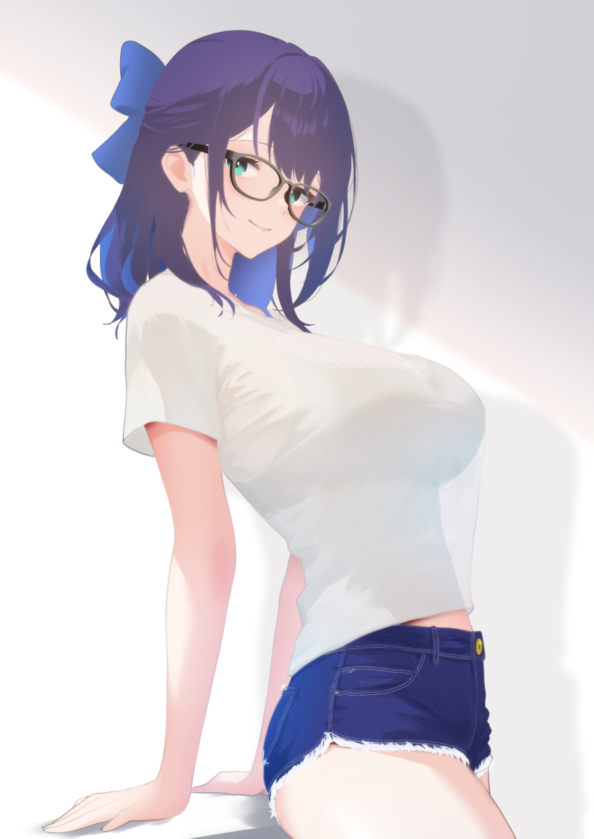 a-chan_(hololive) aged_up alternate_breast_size aqua_eyes arm_support black-framed_eyewear blue_bow blue_shorts blush bow breasts closed_mouth cohi27151463 commentary denim denim_shorts female hairbow half_updo highres hololive large_breasts looking_at_viewer medium_hair midriff_peek see-through_silhouette shirt short_shorts short_sleeves shorts simple_background smile solo thighs virtual_youtuber white_background white_shirt