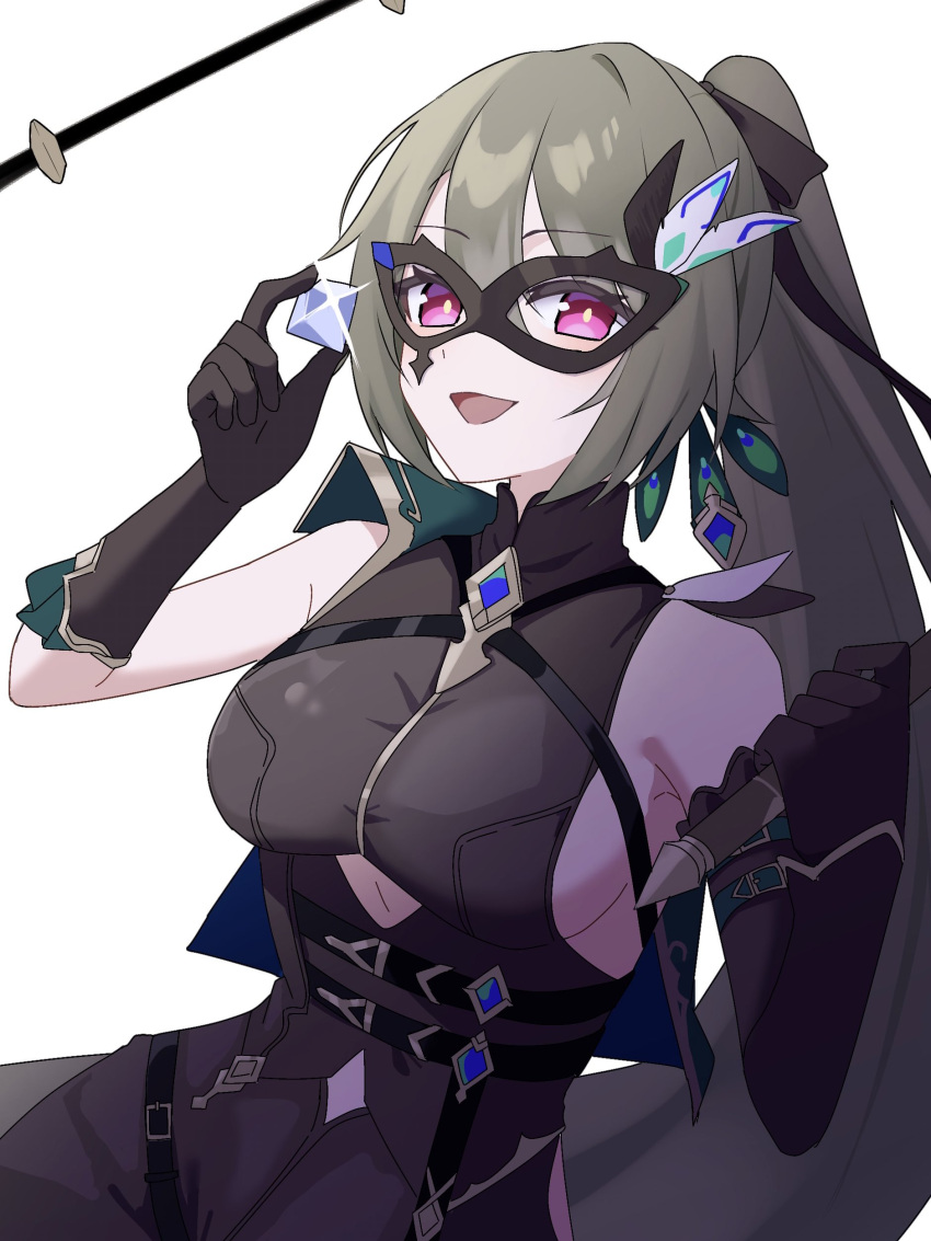 absurdres armpit_peek bare_shoulders black_gloves blue_gemstone bodysuit breasts clothing_cutout detached_sleeves domino_mask female gem gloves grey_hair h2o_omizu hair_between_eyes halterneck highres holding honkai_(series) honkai_impact_3rd long_hair looking_at_viewer mask masquerade_mask navel_cutout official_alternate_costume peacock_feathers peacock_feathers_hair_ornament ponytail red_eyes sideboob simple_background smile solo vita_(other)_(honkai_impact) white_background