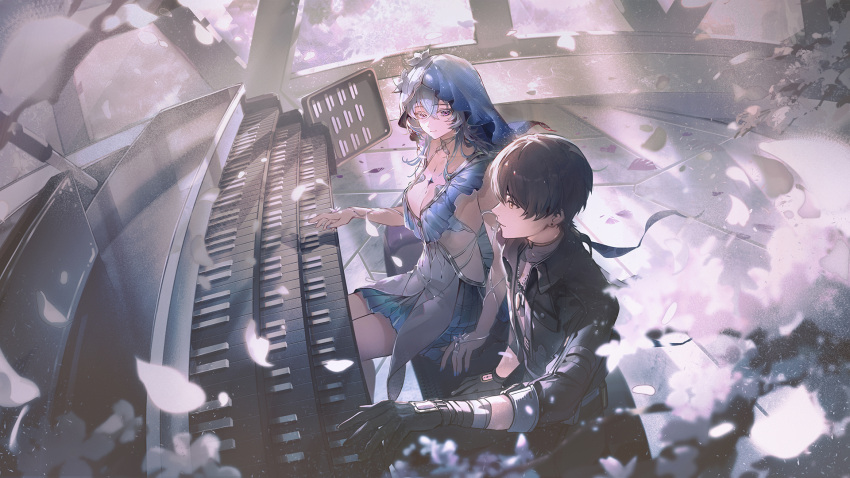 1boy armlet bai_qi-qsr bandaged_arm bandages black_gloves black_jacket black_pants blue_hair blue_nails blue_veil breasts cleavage closed_mouth collarbone collared_jacket commentary dog_tags dress english_commentary female from_side gloves grand_piano grey_shirt hair_between_eyes highres instrument jacket jewelry large_breasts long_hair looking_at_another male_rover_(wuthering_waves) music nail_polish open_clothes open_jacket pants piano playing_instrument playing_piano purple_eyes rover_(wuthering_waves) shirt sitting sleeveless sleeveless_dress sleeves_rolled_up smile tacet_mark_(wuthering_waves) the_shorekeeper_(wuthering_waves) two-tone_veil veil white_dress white_veil wuthering_waves yellow_eyes