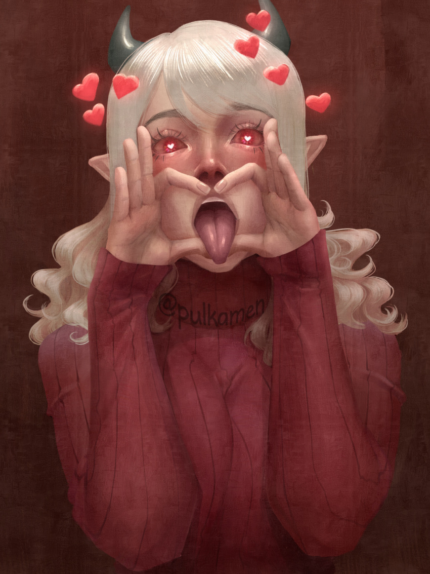 black_horns blush demon demon_girl demon_horns female hand_on_own_face heart heart-shaped_pupils helltaker highres horns long_hair looking_at_viewer modeus_(helltaker) open_mouth pointy_ears pulkamen red_background red_eyes red_sweater sweater symbol-shaped_pupils tongue tongue_out white_hair