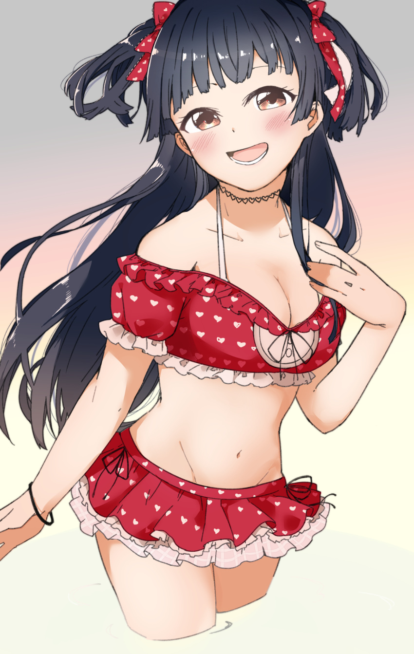 :d bikini bikini_skirt black_hair breasts cleavage collarbone commentary_request cowboy_shot female frilled_bikini frills gradient_background grey_background heart heart_print highres idolmaster idolmaster_shiny_colors liz_(piyoko_piyop) long_hair lower_teeth_only mayuzumi_fuyuko medium_breasts multicolored_background partial_commentary pink_background print_bikini red_bikini simple_background smile solo swimsuit teeth two_side_up very_long_hair wading yellow_background