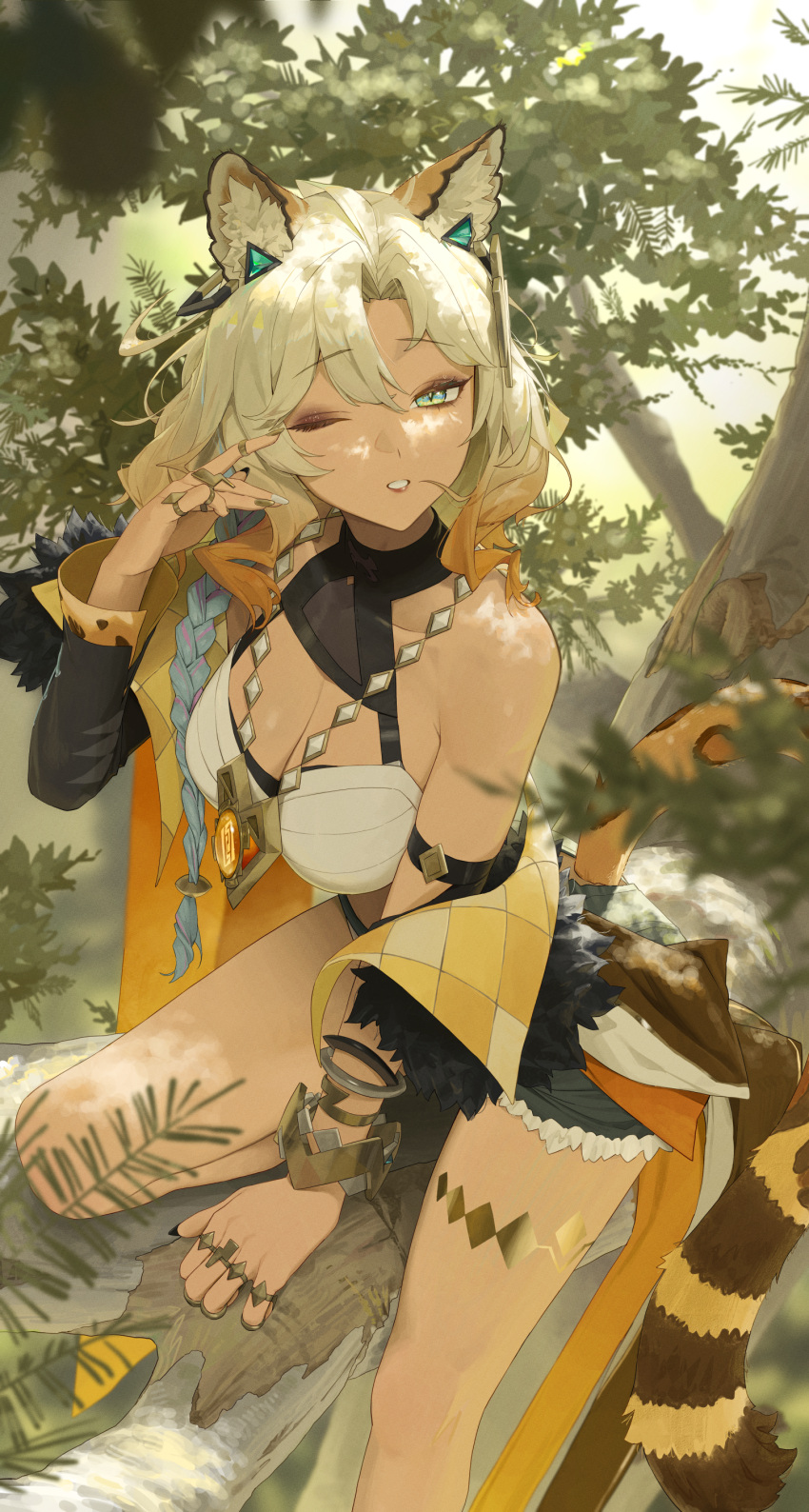 2525_lynn absurdres animal_ear_fluff animal_ears bare_shoulders between_legs black_shorts blonde_hair braid breasts cleavage commentary_request crop_top day eyeshadow female fingernails foot_out_of_frame fur-trimmed_jacket fur_trim genshin_impact geo_symbol_(genshin_impact) gold_nails green_eyes hair_between_eyes halterneck hand_between_legs hand_up highres in_tree jacket jaguar_ears jaguar_girl jaguar_tail jewelry large_breasts long_fingernails long_hair looking_at_viewer makeup medallion multicolored_nails nail_polish off_shoulder one_eye_closed outdoors parted_lips ring short_shorts shorts sitting sitting_in_tree slit_pupils solo sunlight tail tree vision_(genshin_impact) white_nails xilonen_(genshin_impact)