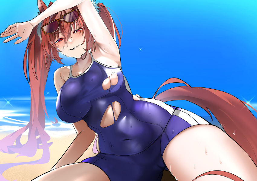 absurdres animal_ears arm_up armpits blue_one-piece_swimsuit breasts cleavage commentary_request competition_school_swimsuit daiwa_scarlet_(umamusume) day eyewear_on_head female highres horse_ears horse_girl horse_tail jitome_no_tsugumi large_breasts long_hair lying ocean on_side one-piece_swimsuit outdoors red_eyes red_hair sand school_swimsuit solo sunglasses swimsuit tail torn_clothes torn_swimsuit twintails umamusume very_long_hair water wet