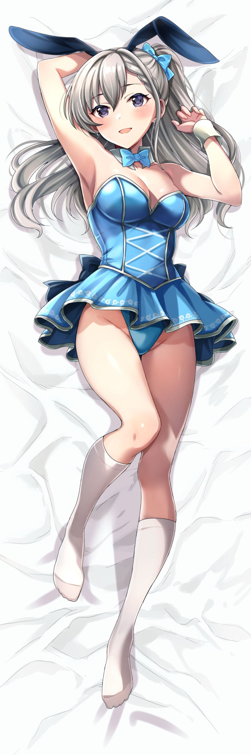 absurdres animal_ears arm_up armpits bare_shoulders bed_sheet blue_bow blue_bowtie blue_eyes blue_leotard blue_skirt blush bow bowtie braid braided_bangs breasts cleavage clothes_lift collarbone commentary_request dakimakura_(medium) detached_collar fake_animal_ears female full_body grey_hair hair_between_eyes hairbow highres hisakawa_hayate idolmaster idolmaster_cinderella_girls idolmaster_cinderella_girls_starlight_stage kneehighs leotard leotard_peek long_hair looking_at_viewer lying medium_breasts on_back open_mouth popon_ta rabbit_ears skirt skirt_lift smile socks solo thighs very_long_hair white_socks