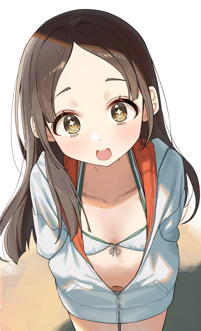 +_+ absurdres arms_behind_back bikini bikini_under_clothes blush brown_eyes brown_hair female flat_chest gakuen_idolmaster highres idolmaster jacket kuramoto_china long_hair looking_at_viewer navel open_clothes open_mouth partially_unzipped smile solo swimsuit syhan white_background white_bikini white_jacket