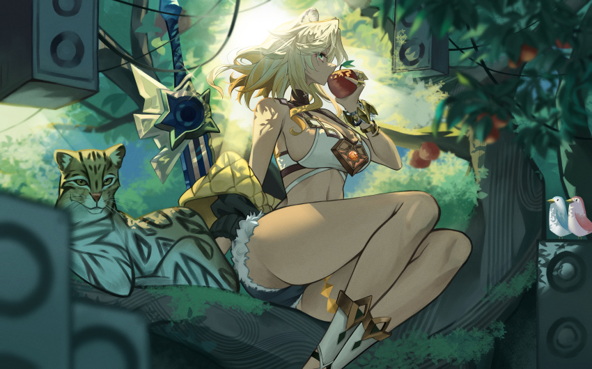 absurdres animal_ears apple apple_tree bare_shoulders bird black_shorts blonde_hair breasts commentary_request crop_top eating feet_out_of_frame female floating_hair food from_side fruit genshin_impact geo_symbol_(genshin_impact) green_eyes highres holding holding_food holding_fruit ino_(kzhu5545) jaguar jaguar_ears jaguar_girl jewelry large_breasts medallion medium_hair navel necklace outdoors peak_patrol_song_(genshin_impact) planted planted_sword short_shorts shorts sideboob sitting solo speaker sunlight sword tan thighs tree vision_(genshin_impact) weapon xilonen_(genshin_impact)