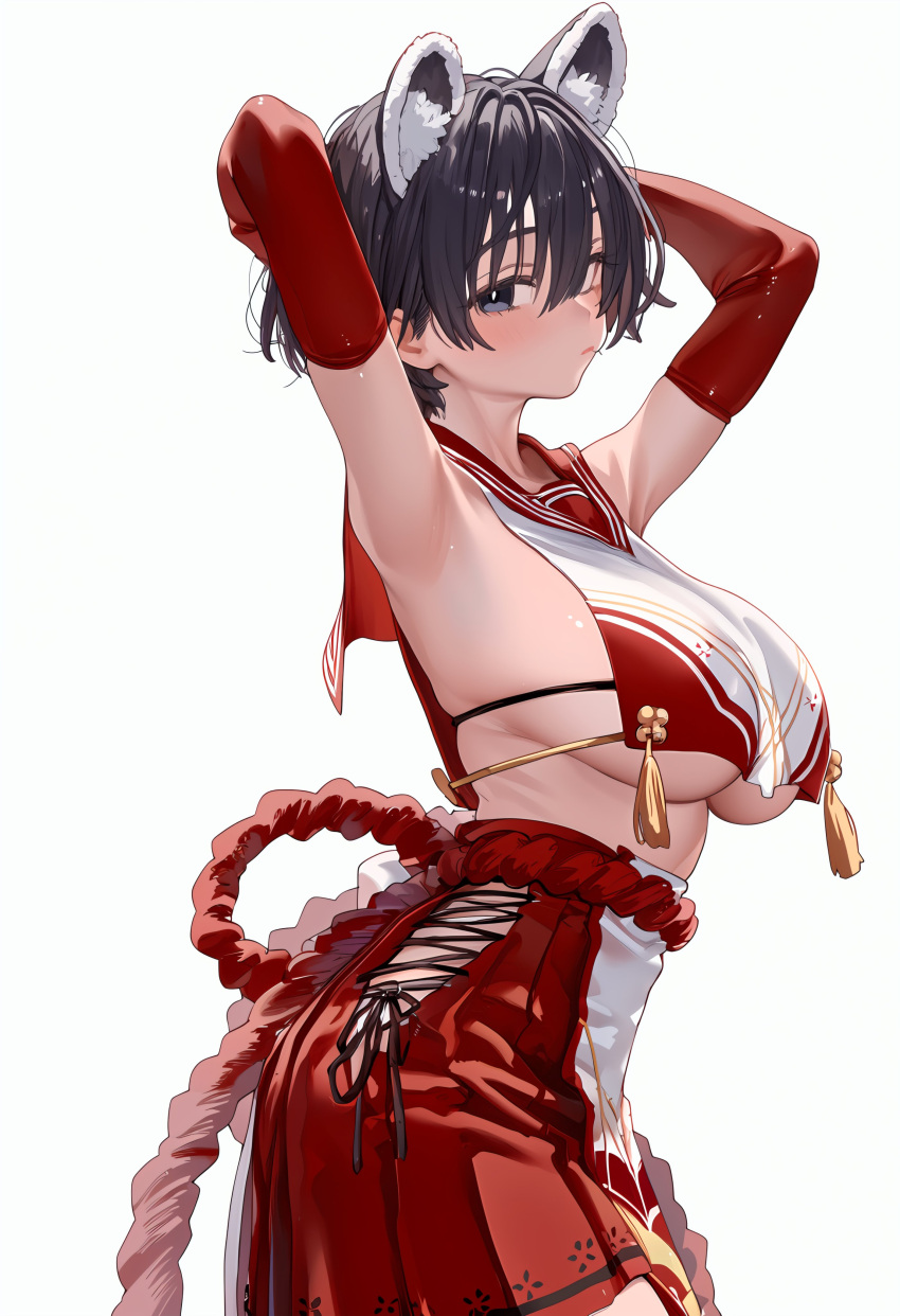 absurdres animal_ears armpits blue_archive breast_curtain breasts clothing_cutout cross-laced_clothes cross-laced_cutout female gloves halo highres large_breasts nzxt_cam raccoon_ears raccoon_girl red_gloves red_halo red_sailor_collar red_skirt rope rope_belt sailor_collar shimenawa short_hair side_cutout sideless_outfit skirt solo tsubaki_(blue_archive)