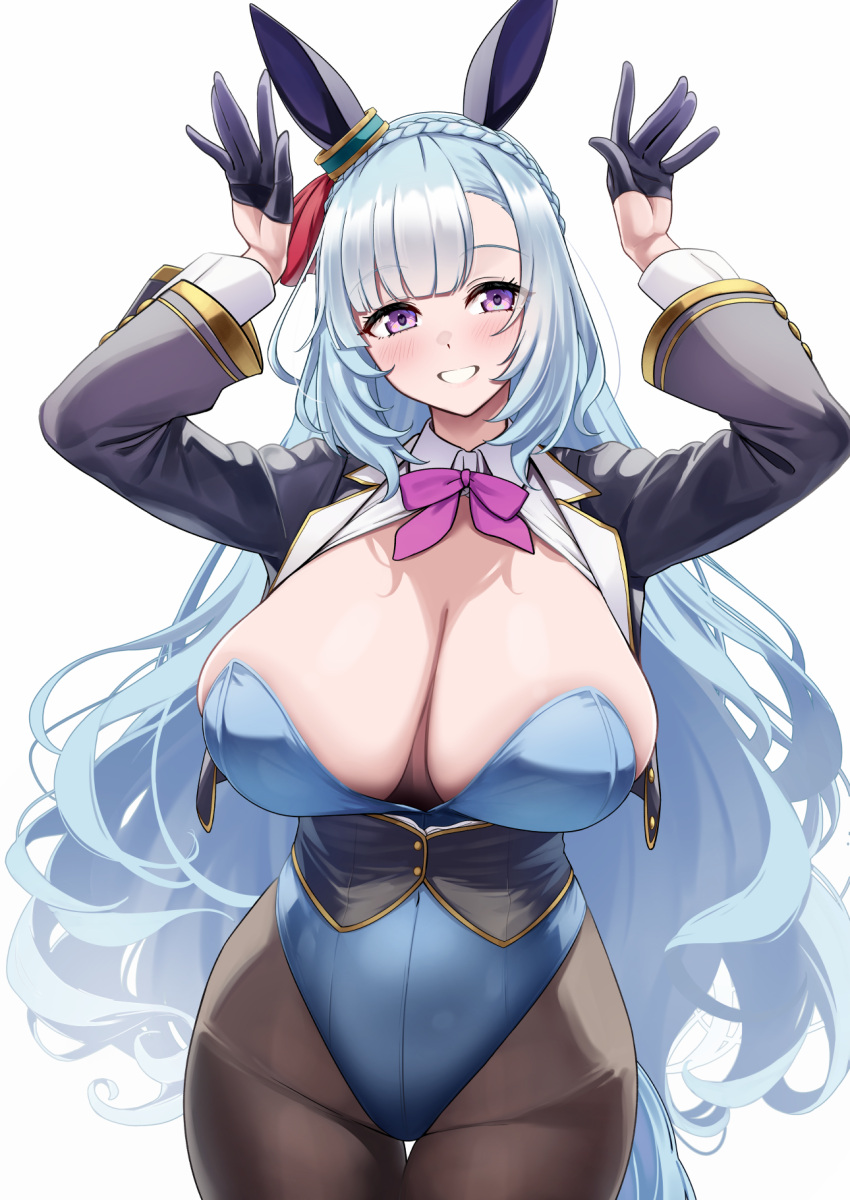 alternate_costume animal_ears arms_up braid breasts bunny_day cleavage collarbone commentary_request crown_braid female gloves hair_ornament herohero_(higashi_no_dou) highres horse_girl large_breasts long_hair mejiro_ardan_(umamusume) nontraditional_playboy_bunny pantyhose purple_eyes simple_background solo umamusume white_background