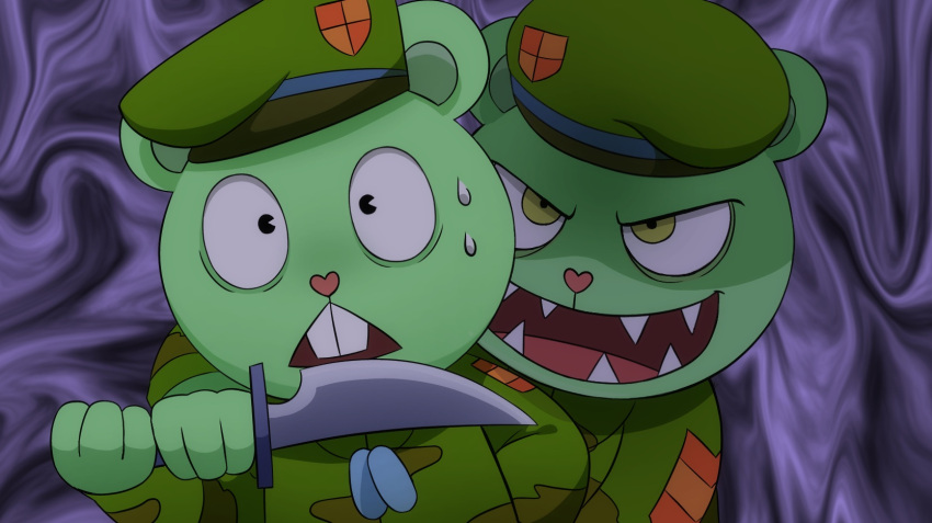 2boys abstract_background animal_ears bear_boy bear_ears beret black_eyes blade_to_throat camouflage camouflage_jacket commentary_request dark_persona dual_persona flippy_(happy_tree_friends) fliqpy_(happy_tree_friends) furry furry_male green_eyes green_hat green_jacket happy_tree_friends hat highres holding holding_knife jacket knife kusaremix looking_at_viewer male_focus military_uniform multiple_boys open_mouth purple_background scared sharp_teeth smile teeth upper_body v-shaped_eyes