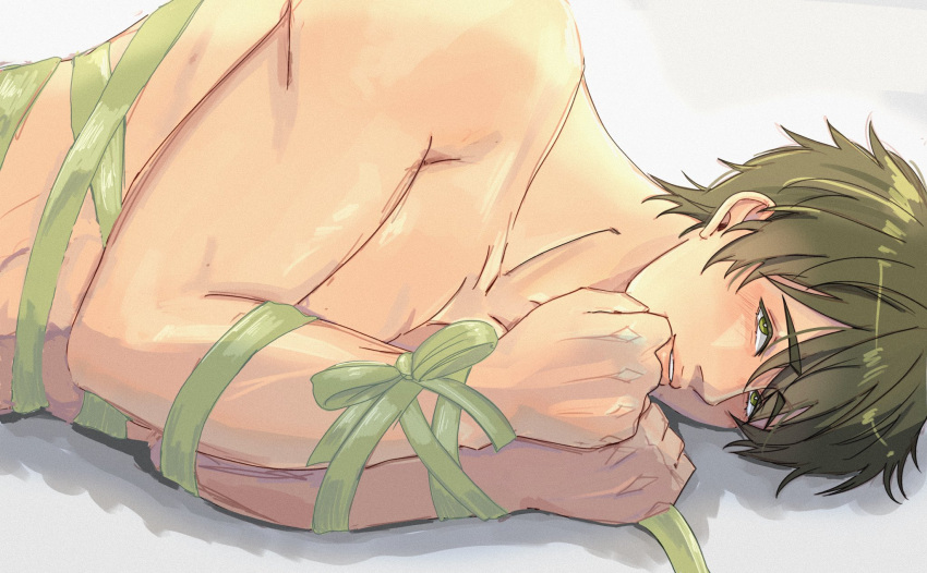 1boy blush bondage bondage bound commentary english_commentary free! green_eyes green_hair green_ribbons hair_between_eyes highres lluviaarts looking_at_viewer lying male_focus meme nude on_side parted_lips photo-referenced ribbon shadow short_hair solo tachibana_makoto teeth upper_body white_background wintam_ribbon_bondage_(meme)