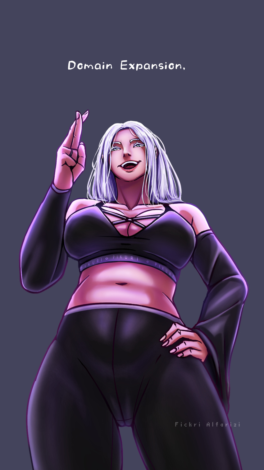 absurdres belly breasts elainna_(fickrialfarizi) female gojou_satoru highres jewelry jujutsu_kaisen large_breasts navel non-web_source original pants partially_visible_vulva ring rule_63 sports_bra sportswear thick_thighs thighhighs thighs white_hair yoga_pants