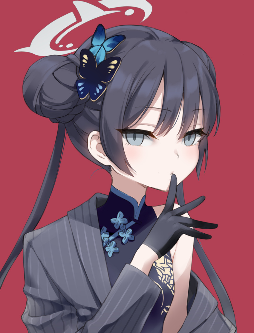 bare_shoulders black_dress black_gloves black_hair blue_archive blush braid braided_bun breasts butterfly_hair_ornament china_dress chinese_clothes coat double_bun dragon_print dress eretto female gloves grey_coat grey_eyes hair_bun hair_ornament half_gloves halo highres kisaki_(blue_archive) long_hair long_sleeves looking_at_viewer off_shoulder pinstripe_pattern small_breasts solo striped_coat twintails vertical-striped_coat