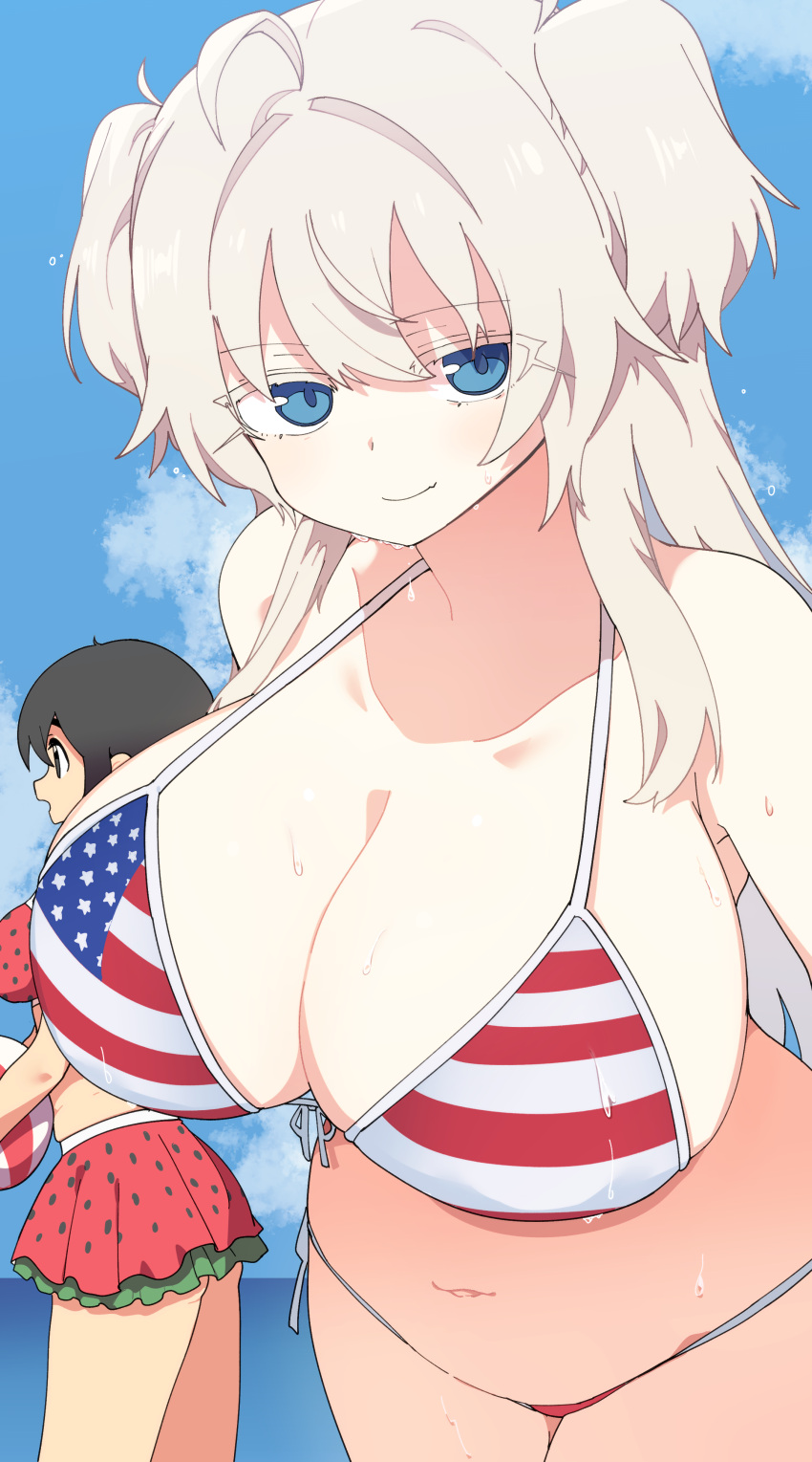 2girls absurdres american_flag american_flag_bikini american_flag_print ball beachball bikini bikini_skirt black_hair blue_eyes breasts bural_chingu cleavage closed_mouth cloud day flag_print food_print grey_hair highres holding holding_ball huge_breasts large_breasts looking_at_viewer luke_(dydansgur) multiple_girls outdoors park_noah print_bikini seong_mi-na_(bural_chingu) side-tie_bikini_bottom sky solo_focus swimsuit two_side_up watermelon_print wet