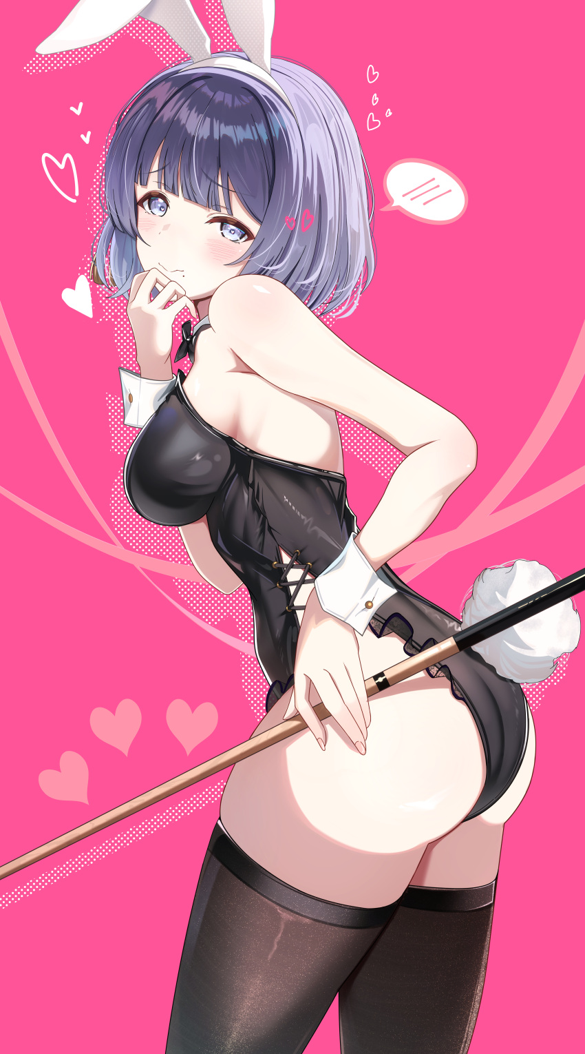 absurdres alternate_costume animal_ear_hairband animal_ears ass black_leotard black_thighhighs blush breasts cue_stick fake_animal_ears fake_tail female gakuen_idolmaster hairband hataya_misuzu heart heart_in_eye highres holding_cue_stick idolmaster leotard looking_at_viewer looking_to_the_side medium_breasts mole mole_under_mouth playboy_bunny purple_eyes purple_hair rabbit_ear_hairband rabbit_ears rabbit_tail short_hair sikimosh solo spoken_blush strapless strapless_leotard symbol_in_eye tail thighhighs wrist_cuffs