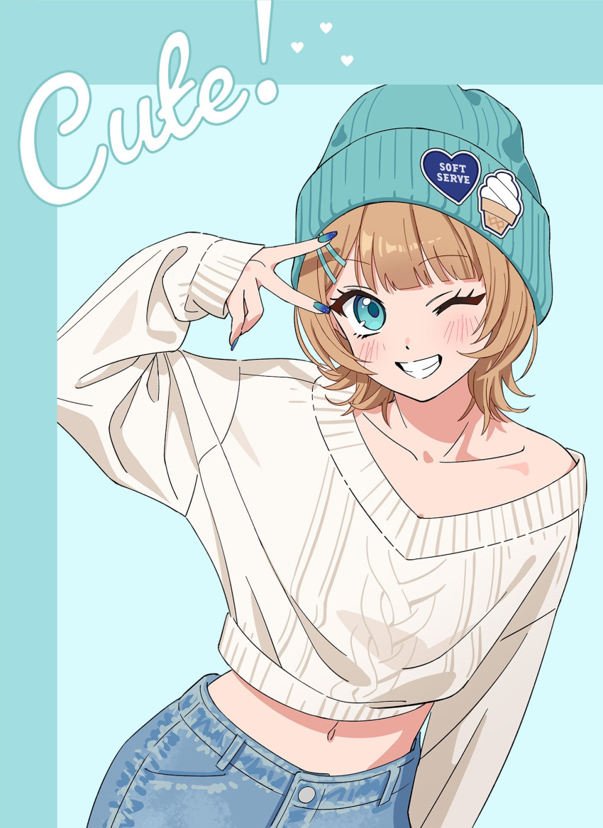 ;d aqua_background aqua_eyes aqua_hat aqua_nails beanie blush brown_hair collarbone commentary_request commission cropped_sweater cursive denim denim_skirt english_text female grin hair_ornament hairclip hat heart highres looking_at_viewer midriff moya_(toatomoot) navel one_eye_closed original short_hair skeb_commission skirt smile solo sweater upper_body v_over_eye