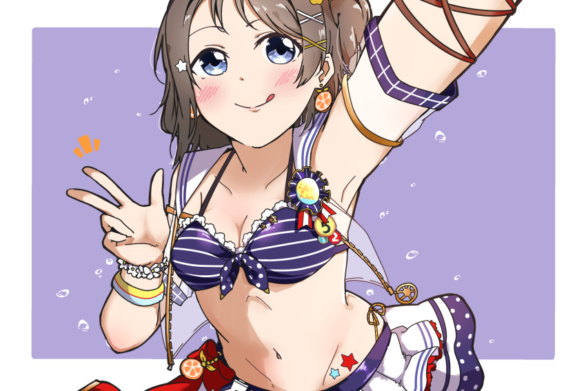 air_bubble arm_up armpits bikini bikini_skirt blue_bikini blue_eyes border breasts brown_hair bubble cleavage collarbone commentary_request female frilled_skirt frills front-tie_bikini_top front-tie_top highres liz_(piyoko_piyop) love_live! love_live!_school_idol_festival_all_stars love_live!_sunshine!! medium_breasts medium_hair navel notice_lines official_alternate_costume outside_border purple_background sailor_bikini sailor_collar simple_background skirt solo stomach swimsuit upper_body w watanabe_you watanabe_you_(splash_marine) white_border white_sailor_collar