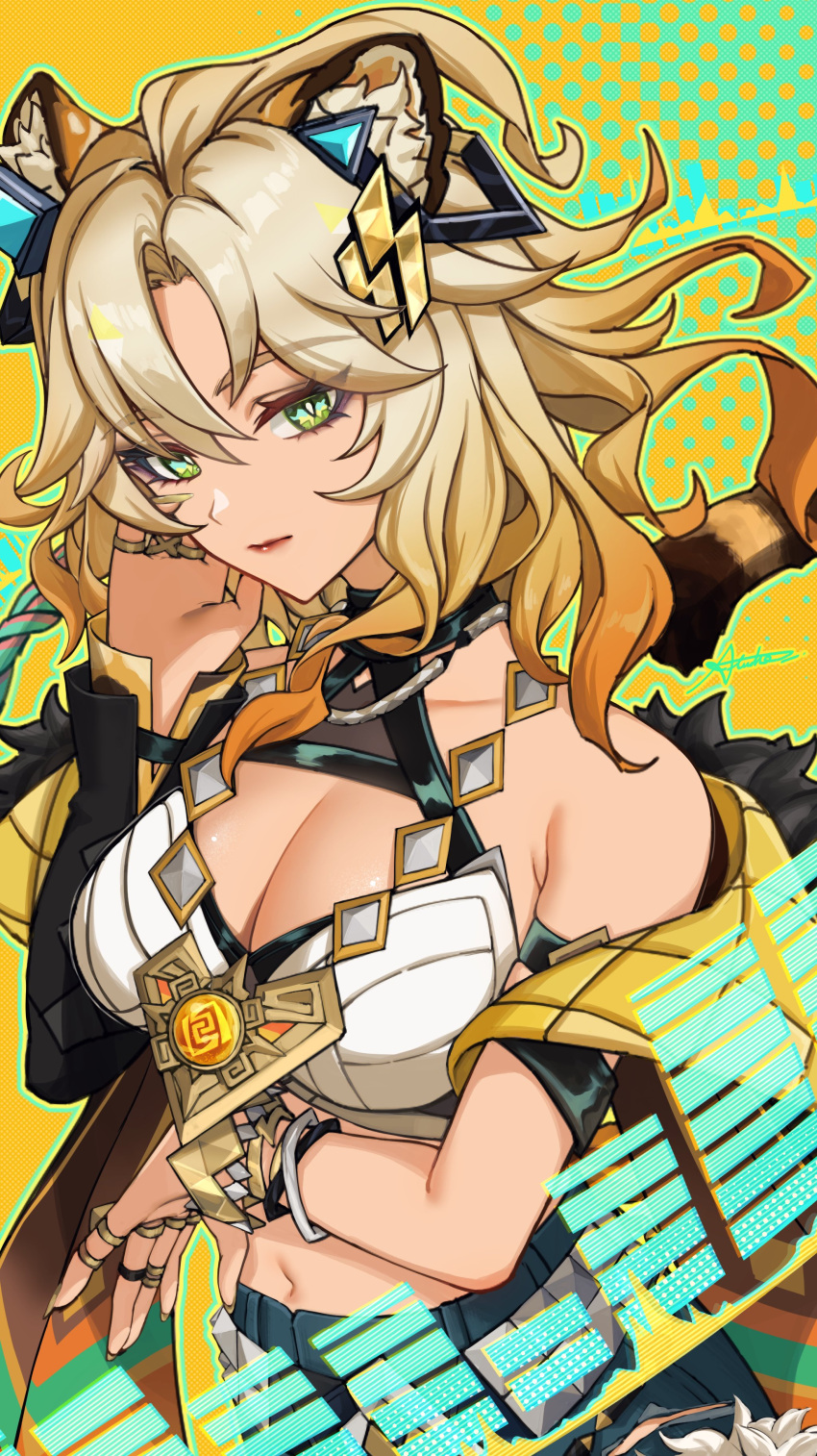 absurdres animal_ear_fluff animal_ears arm_under_breasts bare_shoulders blonde_hair blue_shorts breasts cleavage commentary_request crop_top cutoffs denim denim_shorts female floating_hair genshin_impact geo_symbol_(genshin_impact) green_eyes hal_aluha hand_in_own_hair highres jaguar_ears jaguar_girl jaguar_tail large_breasts long_hair looking_at_viewer multicolored_hair navel orange_hair parted_bangs short_shorts shorts signature solo stomach tail vision_(genshin_impact) xilonen_(genshin_impact)