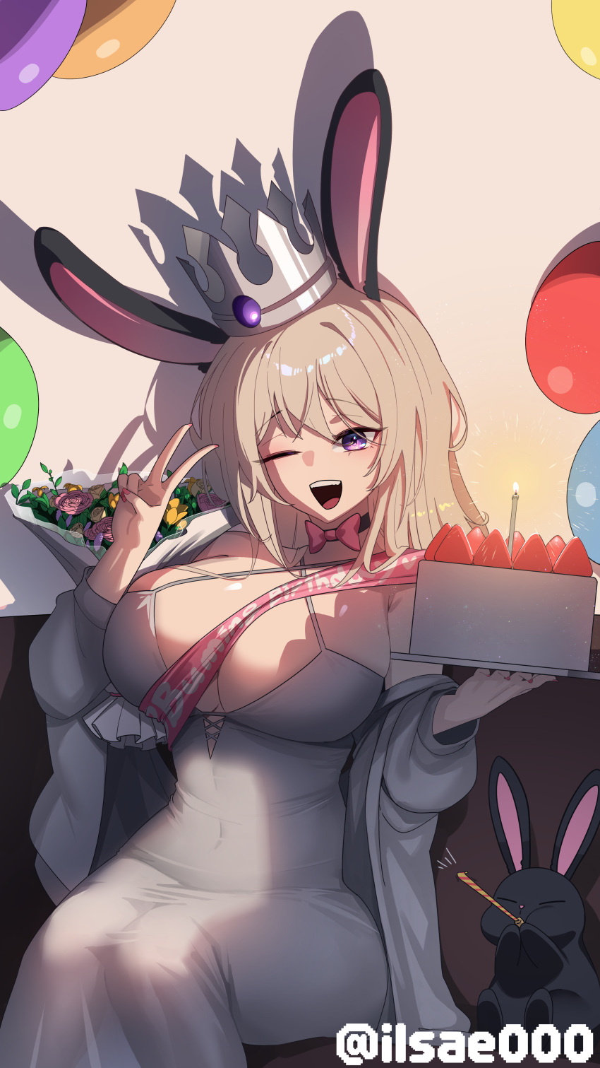 absurdres animal_ears balloon bbuming_(vtuber) bouquet bow bowtie breasts cake candle cleavage copyright_request crown dress female flower food fruit highres ilsae large_breasts one_eye_closed open_mouth pink_bow pink_bowtie pink_flower pink_nails pink_rose pink_sash purple_eyes rabbit rabbit_ears rose sash shadow sitting strawberry twitter_username v virtual_youtuber white_dress yellow_flower yellow_rose