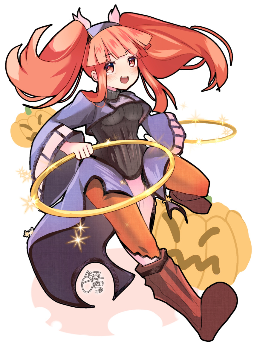 :d black_undershirt blue_shirt blunt_bangs blush breasts chakram crop_top dewprism female floating_hair full_body highres holding holding_weapon jack-o'-lantern leg_up long_hair long_sleeves mint_(dewprism) orange_pantyhose pantyhose pink_eyes pink_hair shirayuki_runa shirt sidelocks simple_background small_breasts smile solo teeth twintails upper_teeth_only weapon white_background wide_sleeves