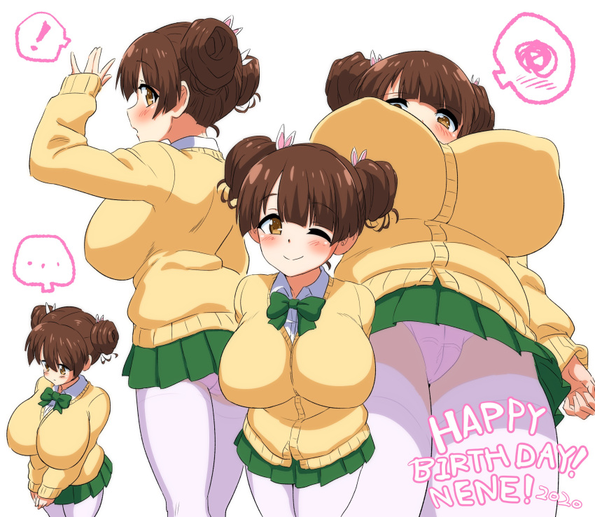 blunt_bangs blush breasts brown_eyes brown_hair cardigan double_bun female fujinoki_nene green_skirt gussuripii hair_bun hajimete_no_gal highres huge_breasts long_sleeves looking_at_viewer miniskirt oppai_loli panties pantyhose pantyshot school_uniform shirt skirt sleeves_past_wrists smile standing underwear white_background white_pantyhose white_shirt