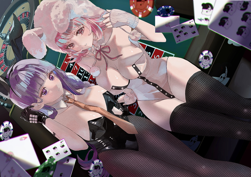 2girls absurdres animal_ears bare_shoulders black_leotard blush breasts cleavage commentary danganronpa:_trigger_happy_havoc danganronpa_(series) danganronpa_2:_goodbye_despair detached_collar fake_animal_ears fishnet_pantyhose fishnet_thighhighs fishnets highleg highleg_leotard highres kirigiri_kyoko large_breasts leotard long_hair looking_at_viewer monokuma multiple_girls nanami_chiaki official_alternate_costume pantyhose playboy_bunny poker poker_chip rabbit_ears roulette_table sitting strapless strapless_leotard table teeth thighhighs uminekohigurasinonakukoroni wrist_cuffs