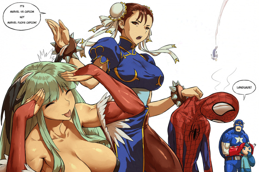 2girls 4boys :p ah_eto..._bleh_(meme) android bat_wings black_pantyhose blue_bodysuit blue_eyes blue_helmet bodysuit bracelet breasts bridal_gauntlets brown_eyes brown_hair bun_cover captain_america captain_america_(series) china_dress chinese_clothes chun-li closed_eyes covering_another's_ears darkstalkers demon_girl double_bun dress english_text green_hair hair_bun hands_on_own_head haraya_manawari head_wings helmet highres jewelry large_breasts long_hair marvel marvel_vs._capcom mega_man_(character) mega_man_(classic) mega_man_(series) meme morrigan_aensland multiple_boys multiple_girls pantyhose pelvic_curtain puffy_short_sleeves puffy_sleeves red_bodysuit shield short_sleeves speech_bubble spider-man spider-man_(series) spider_web_print spiked_bracelet spikes street_fighter superhero_costume tongue tongue_out very_long_hair wings