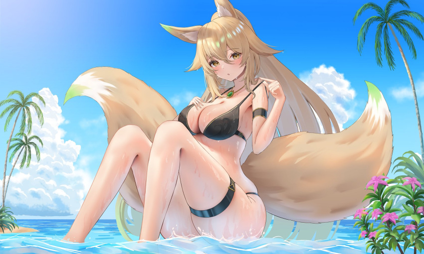 animal_ear_fluff animal_ears bikini black_bikini blonde_hair blue_sky blush breasts cleavage commission female fox_ears fox_girl fox_tail hair_between_eyes hands_up highres horizon large_breasts long_hair looking_at_viewer multiple_tails ocean original outdoors p-tomi palm_tree parted_lips ponytail sitting skeb_commission sky solo suirin_(tukikagerou) swimsuit tail thigh_strap tree wet yellow_eyes