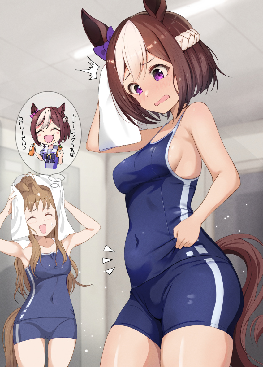 2girls armpits braid breasts closed_eyes commentary_request eating food grass_wonder_(umamusume) highres horse_girl long_hair medium_breasts multiple_girls open_mouth plump purple_eyes shuten_(shutehaan) small_breasts special_week_(umamusume) sweat sweatdrop swimsuit towel tracen_swimsuit translation_request umamusume